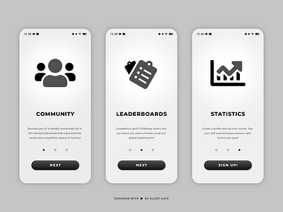 DailyUI #023 - Onboarding adobe illustrator adobe xd archery clean ui community app daily 100 challenge daily ui dailyui gradient design minimalism mobile app design modern design monochromatic neumorphism noir onboarding screen onboarding ui social network ui ux