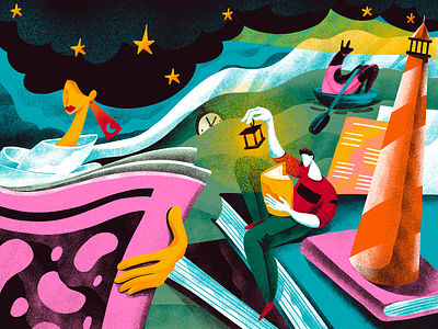 To the Lighthouse Illustration artwork books bright characters creative illustration design design studio digital art digital illustration digital painting dreaming graphic design illustration illustration art illustrations illustrator light lighthouse night reading