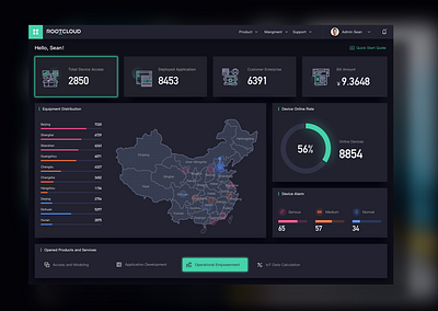 Rootcloud platform dashboard in dark mode dark mode dashboad design device map ui