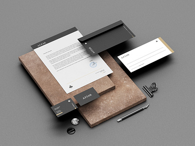 Azzar Stationary Design brand identity branding color colorpalette corporate identity design elegant logo mockup photoshop stationery typography
