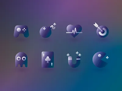 Entertainment Icon Practice bomb dark dark ui entertainment game ghost gradient heartbeat icon icon design icon set iconography magnet pac man poker card target ux vector