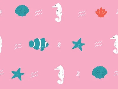 Cutesy Seamless repeat vector beach pattern beach beachy clownfish girl girls girly illustration illustrator kids pink repeat seahorse seamless seashell seashells starfish vector