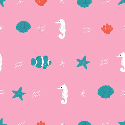 Cutesy Seamless repeat vector beach pattern beach beachy clownfish girl girls girly illustration illustrator kids pink repeat seahorse seamless seashell seashells starfish vector