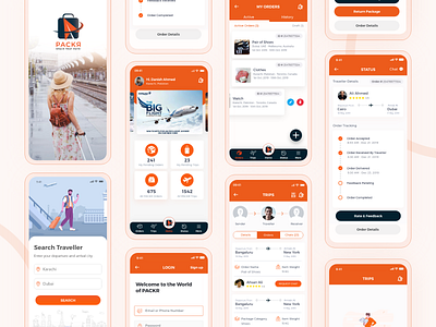 Packr App UI app app design appdesigner creative design design app mobile app design mobile ui orange package design packr travel app traveling travellingapp ui uidesign uiux ux