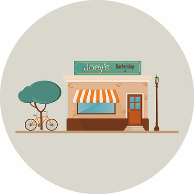 Joey's barbershop illustration awning barbershop bike building concept design door flat illustration shop store street light tree vector window