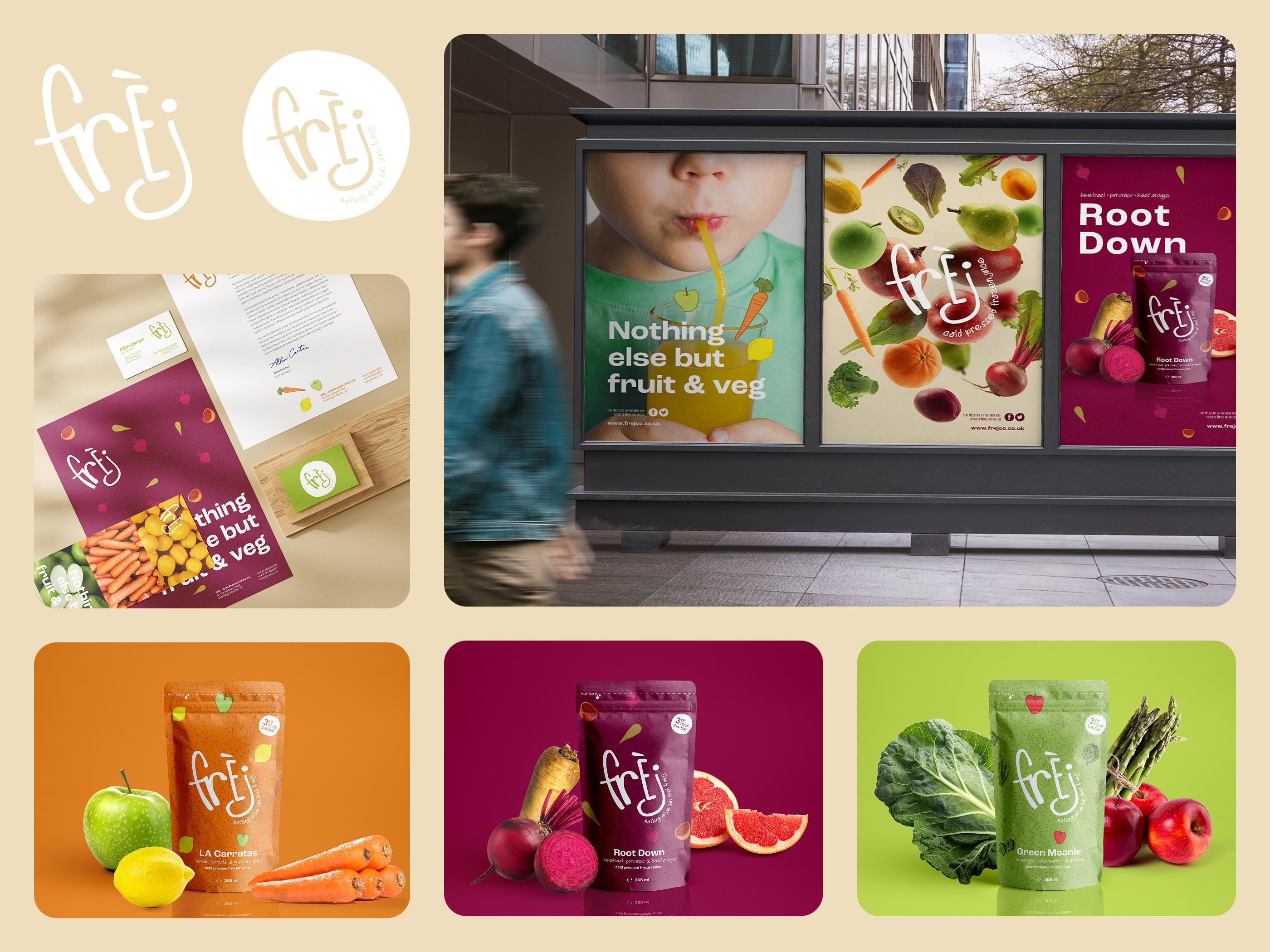 Frèj brand drinks frozen fruits fun illustration juice logo package packaging pattern patterns plastic bag vegetables vibrant