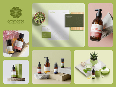 Aromatize Brand brand brand identity branding envelope flat flower green icon logo marketing natural parfum perfume plants print design scents stationery