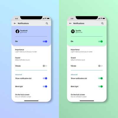 Notifications settings | Redesign | Color by app app application blue branding colors daily ui dailyui design facebook green settings spotify ui ux uxui