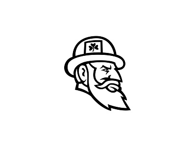 Head of an Irish Leprechaun Side View Mascot Black and White beard bearded man bowler hat clover clover leaf fairy green hat leprechaun