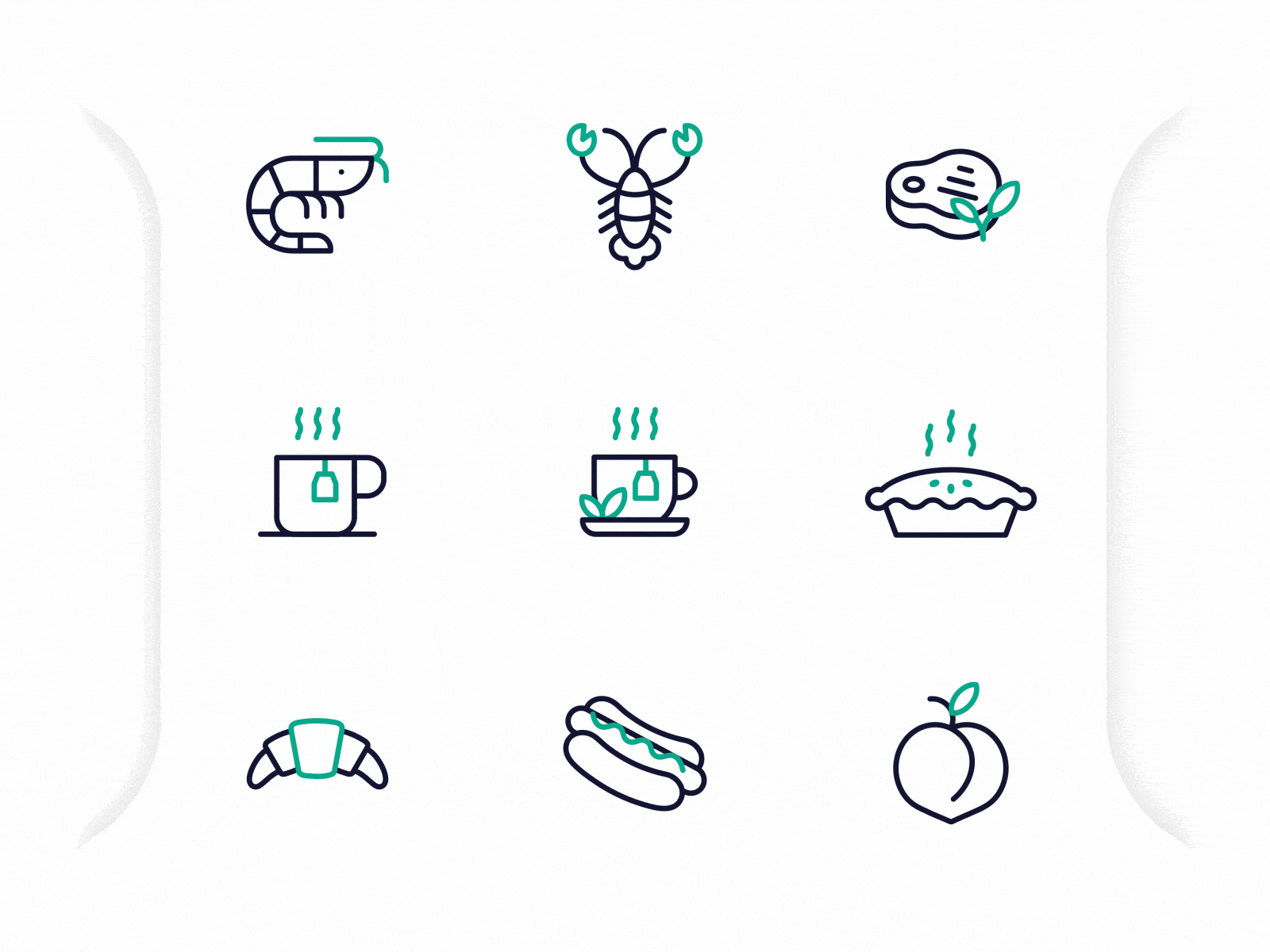 Food Animated Icons #5 2d animation animation apple pie bodymovin cake croissant hotdog icon lobster lottie microinteraction peach plant based shrimp steak svg animation vegan