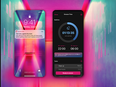 Snooze Time app bedtime clock colors cyber punk design interaction design mobile app mobile ui notification reminder todo list ui uidesign