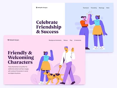 Buddis - Social E-commerce & Lifestyle Illustration Kit characters colors diverse dog dog walker e commerce ecommerce friendship geometric hellsjells hero high five illustration kit kit landing sale social ui8 web illustrations web shop