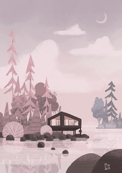 The midnight sun cabin design forest illustration midnight modern house nature nordic sea summer summertime