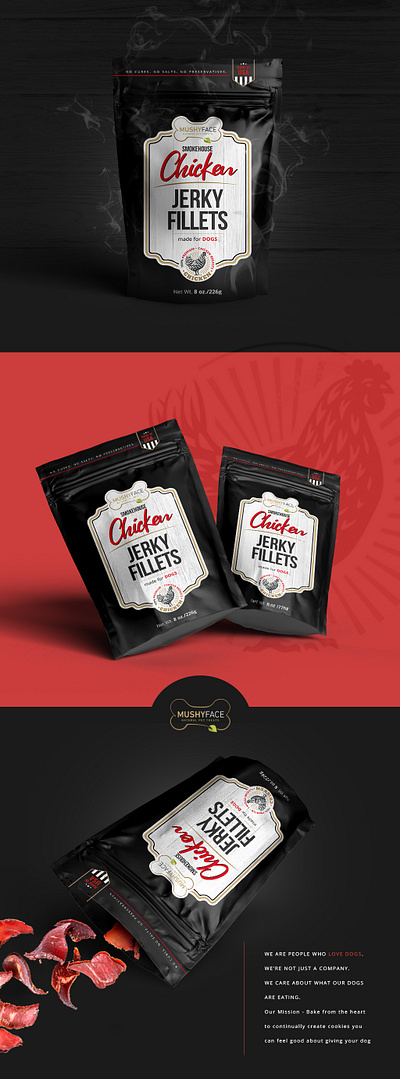 Vintage black package design for Chicken Jerky Fillets black pouch chicken jerky dog food dog food package dog treats jerky jerky bag design jerky fillets matte black package package design vintage design