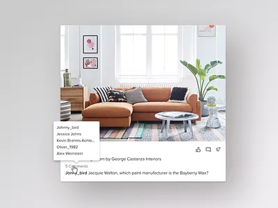 Houzz - new home feed card card comment comments feed home design home screen homepage houzz hover hover state like product design share ui ux ux ui web website