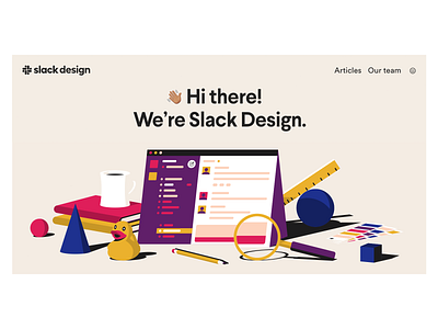 Slack Design hero image books coffee duck hero image illustration magnifying glass messaging pantone pencil slack vector