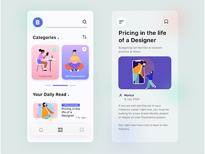 Blog Screens 10ddc app app design app designer app ui design articles blog blog design blur books figma flatillustration glassmorphism illustration interaction design minimal illustration screen ui ux ux design
