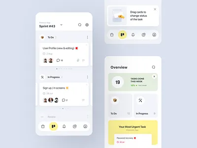 Submarine 🍋 | Task Manager | Kanban app app design assignment card slider cards dashboard ios kanban management management app mobile application onboarding task manager task priority task status toolbar ui ux
