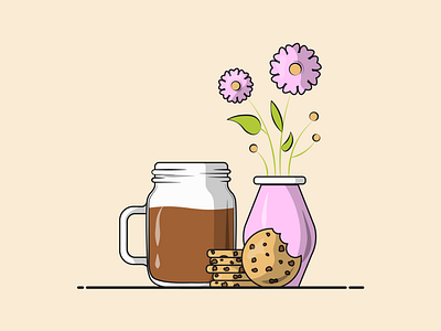 Flat Vector Illustration Series choco chip coffee cold brew coldcoffee cookie design design student elegant flat flowerpot illustration mason jar minimal vector