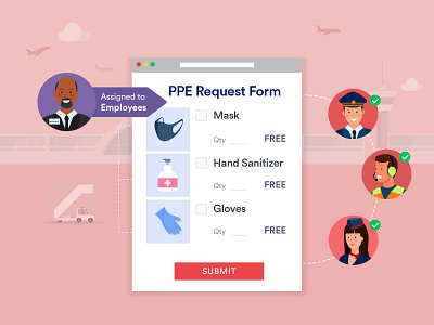 JotForm - Personal protective equipment request form airlines airport assignment banner design coronavirus covid 19 design employee form gloves hand sanitizer hostess illustration jotform managers mask pilot plane ui