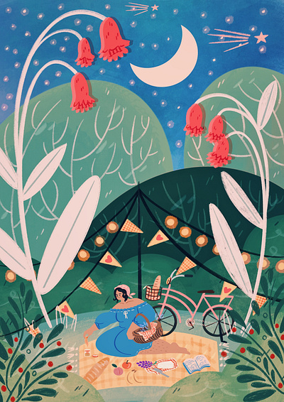 Picnic under the Stars calming childrens book childrens illustration editorial illustration gentle illustration illustration art illustrator imagination nature nature illustration picnic scene scenery storybook storytelling whimsical whimsy