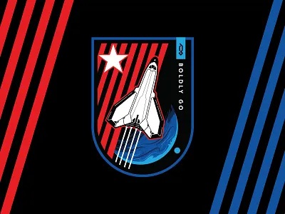 Boldly Go III badge badge design black branding design emblem emblem logo explorer graphicblack illustration logo nasa patriotic shuttle launch space spaceman spaceship spacex tshirt vector