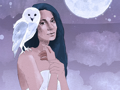 Mystic Moon animal bird birds character editorial illustration illustration illustration art illustrations moon owl owls purple watercolor watercolour white woman
