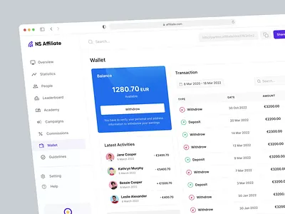 NS Affiliate Wallet affiliate affiliate dashboard affiliate marketing analytics animation app landing page application case study dashboard dashboard landing page data design marketing mobile app musemind product design referral user experience user interface web app