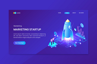 Isometric Business Startup Concept Landing Page 3d big branding business character concept data digital flat illustration internet isometric landing marketing page seo shopping startup vector website