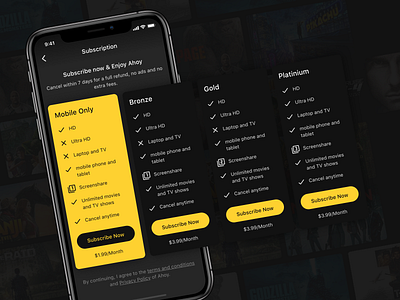 Ahoy - Subscription Plans ahoy clean ui concept dark mode design mobile movie app movie streaming app pricing subscription ui ui design user experience design user inteface