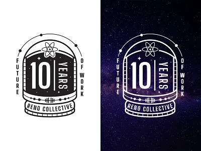 Reno Collective 10th Anniversary Logo anniversary atom badge coworking future galaxy logo reno space spaceman stars