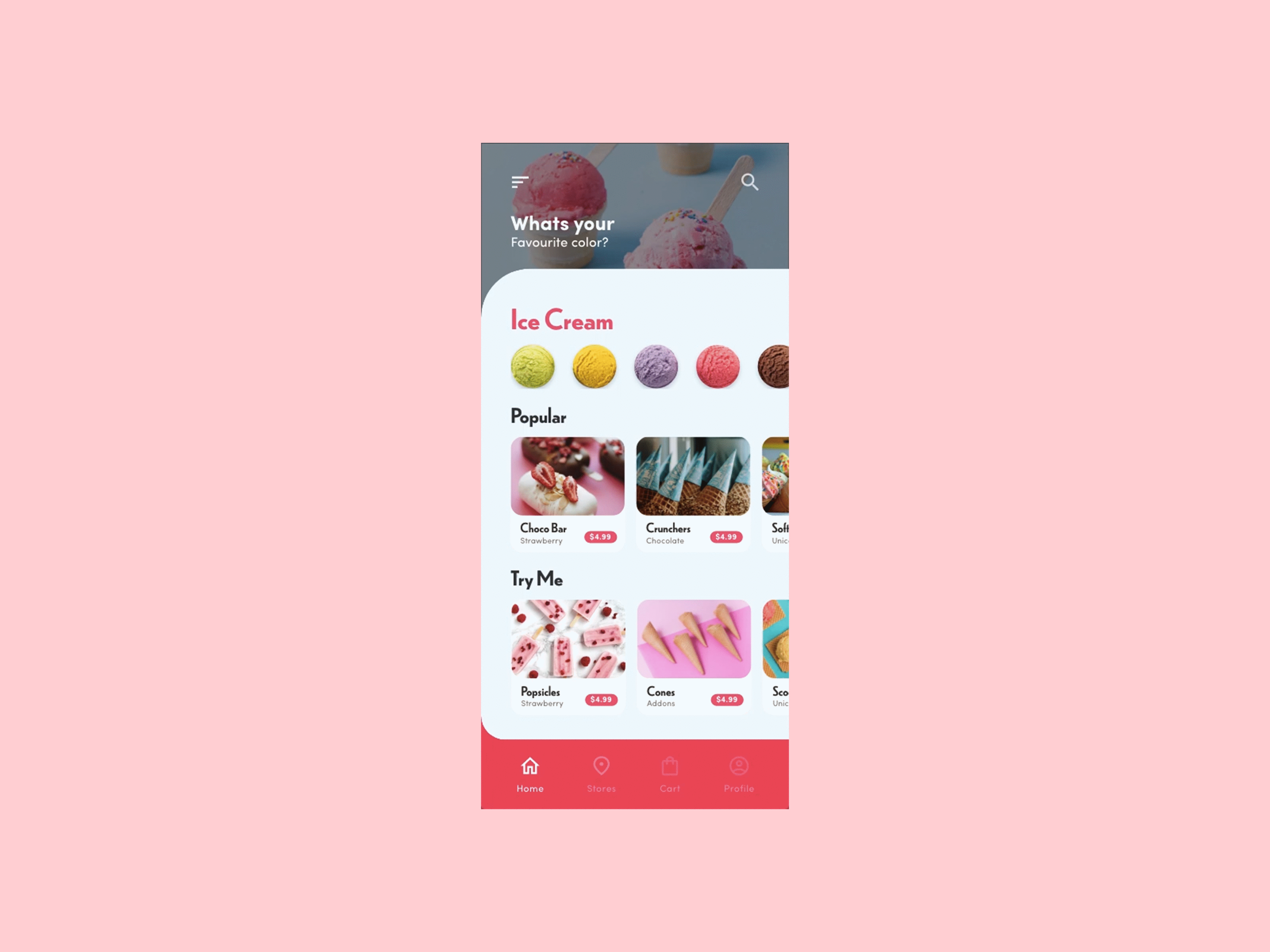 Ice cream App appdesign galleries homepage ui uiux xddailychallenge