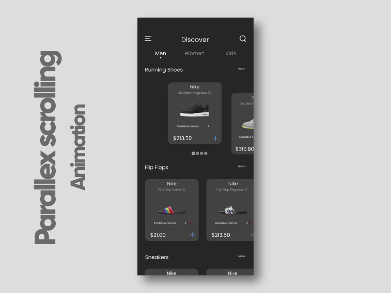 Scroll Animation For an E-Commerce Application aftereffects darkmode dribbble ecommence education minimal motiondesign nike scroll animation scrolling uidesign