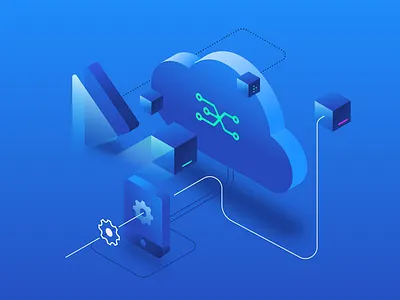 Web illustration blue box building bulb charts cloud data documents filter folder form illustrations isometric illustration key mchine problem solving process puzzles server system