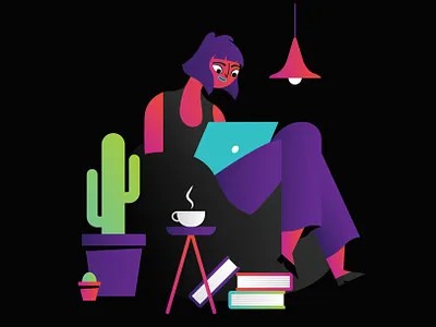 WFM beanbag books cactus laptop plant woman