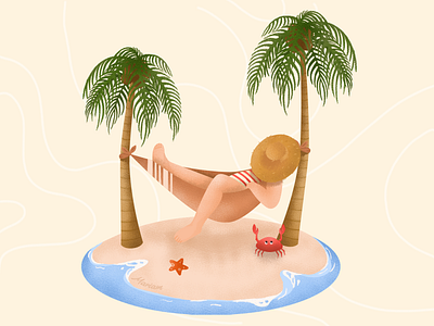 Summer Nap beach character design chill coconut crab design good vibes hammock hat holiday illustration island leafs nap palm palm tree summer