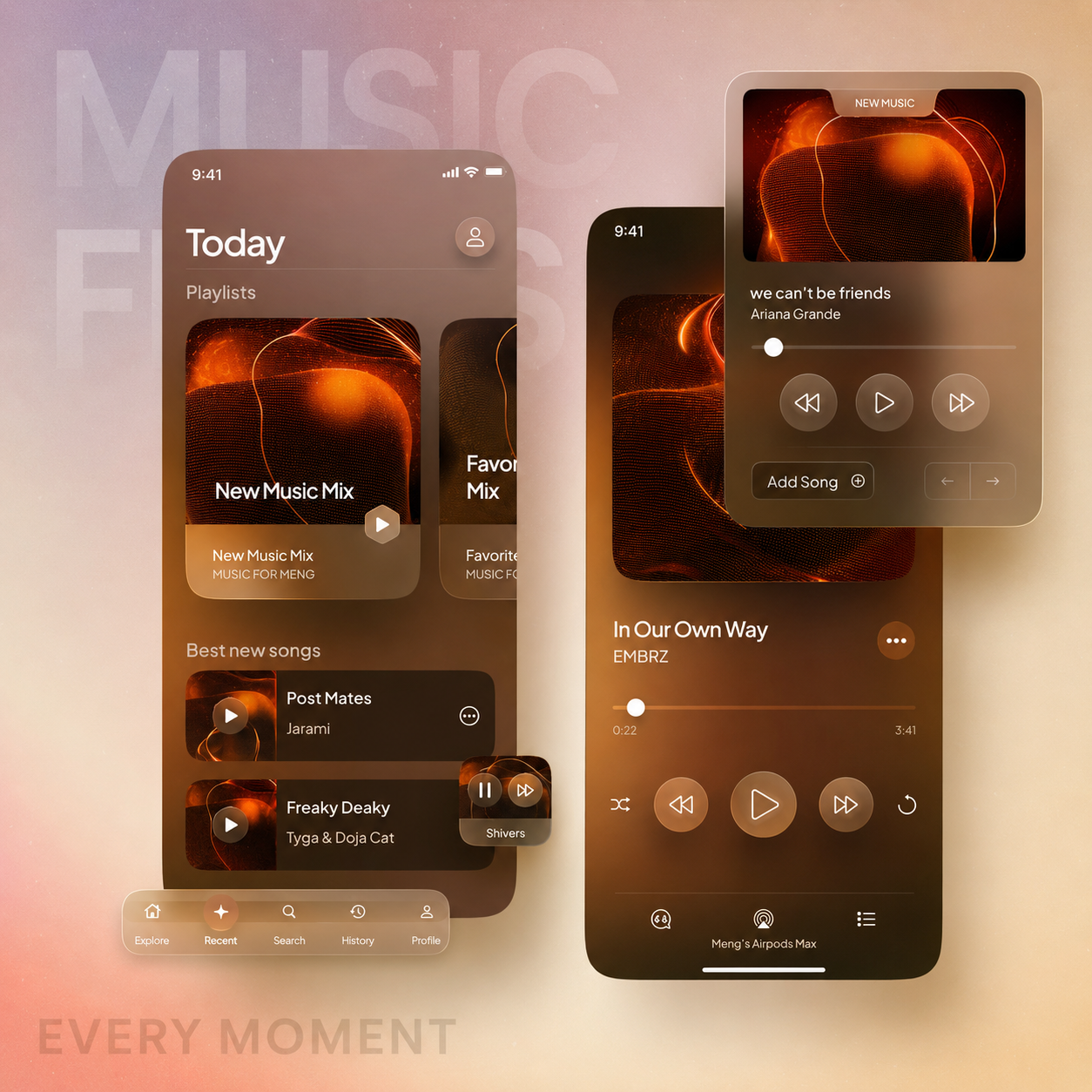 Feel Every Beat: Modern Music Streaming Experience animation beats and base designoweb technolgies glassmorphism live streaming modern music streaming music music app music player music streaming playback playlists trending ui ui ux
