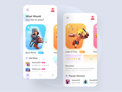 Streaming Game App - UI 3d app daily design fresh colors fresh design game mobile mobile app design stream ui ui design uiux ux white