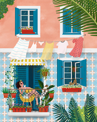 LISBON animal balcony cat digital art dog drawing girl illustration lisbon portrait staycation summer vacation woman