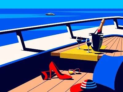 Summertime blue boat champagne glasses hat high heels holiday illustration pillow sea shoes summer summertime sunglasses vector yacht