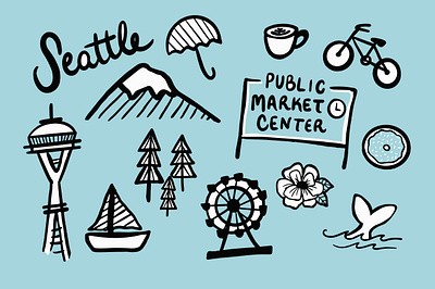 Seattle blue city coffee design doodles emerald city illustration ipadproart love market mountains pike place print procreate procreate art seattle sketchbook sketching space needle vector