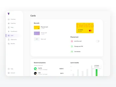 Twisto: Card management app application bank banking card cards dashboard details finance fintech lock management navigation neobank payments pin stats transactions user interface web