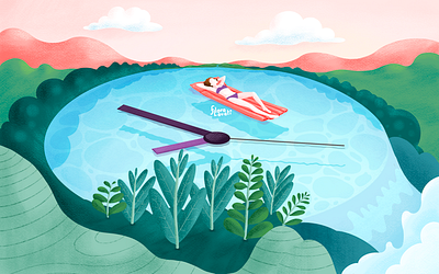 Spacious Time clock clouds floating fresh girl illustration lake landscape mindfulness mountains pause pink plants relax rest river sky water