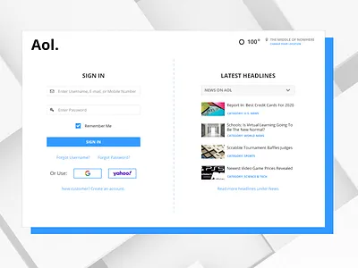 AOL Sign In Experience aol blue dribbbleweeklywarmup grey news feed sign in page white