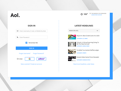 AOL Sign In Experience aol blue dribbbleweeklywarmup grey news feed sign in page white