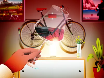 A glass of wine, classic bike hanging on the wall bike colorful colors cycle illustration interior mood reflection wine wine glass