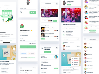 Gift App Designs app mobile app screen app ui appdesign application design cleandesign eventapp eventscreen iosapp iphonex loginscreen myprofile notifications smart smartui typography ux wishlistscreen