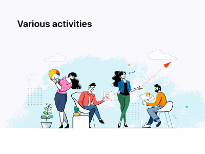 various activities activity artwork discussion enviroment fantasy flowchart girls graphic design illustration art kite male character meeting minimal piechart plant sky variations