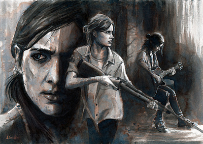 Ellie - Last of Us Part II blackandwhite ellie illustration ink last of us playstation videogames zombies