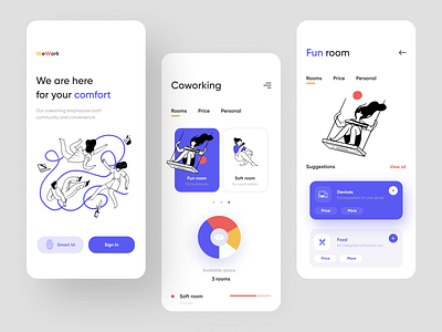 WeWork co-working app afterglow app branding clean co working color illustration minimal mobile mobile app place team teamwork ui workspace